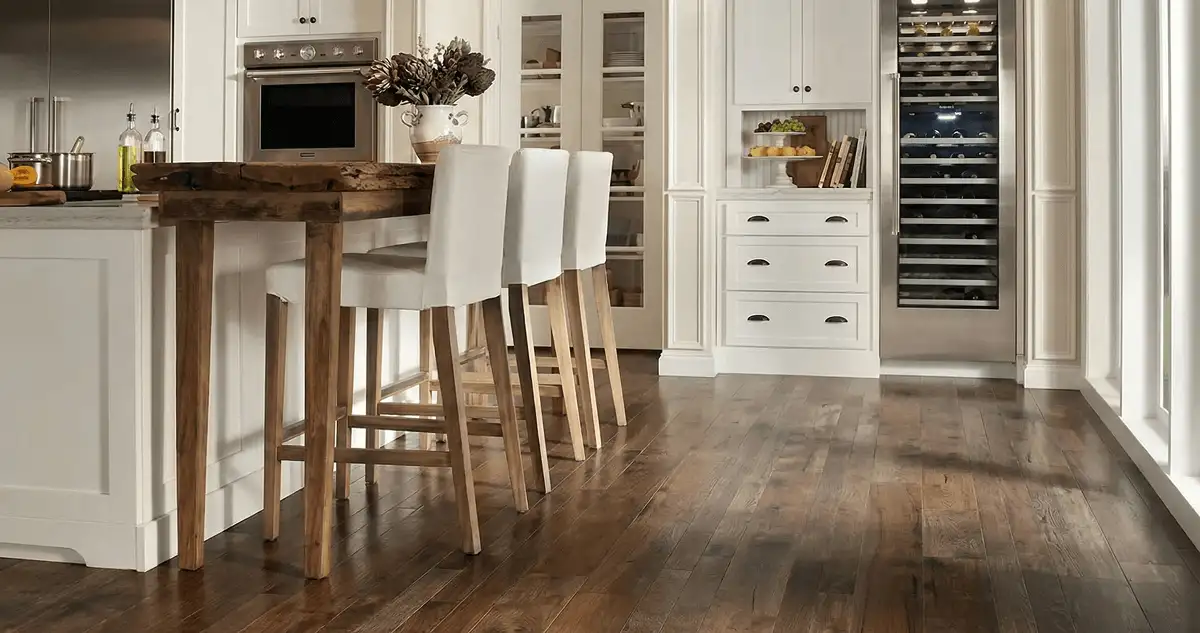 Professionally installed and refinished hardwood flooring in a residential home, showcasing smooth finish and natural wood tones in Las Vegas, NV