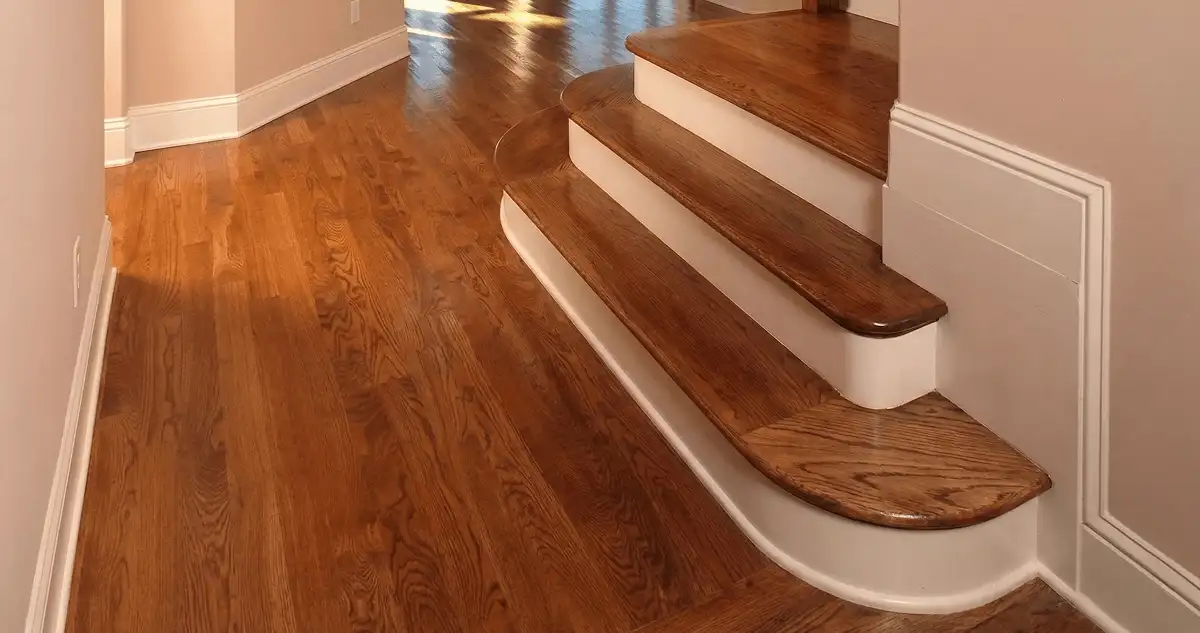 Base floor of a staircase with professionally restored wood flooring in Las Vegas NV
