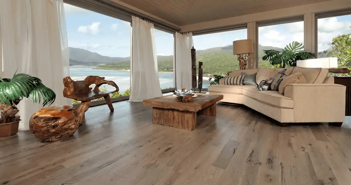 Professionally installed vinyl flooring in a modern living room with large windows in Las Vegas, NV