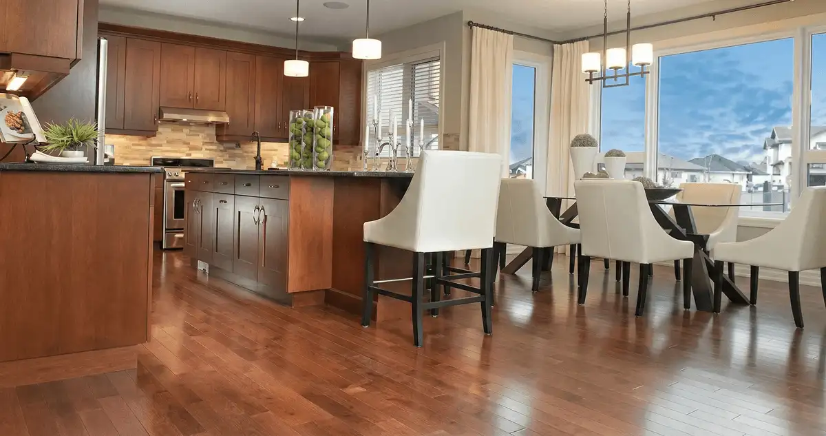 A modern kitchen with professionally installed wood flooring in Las Vegas, NV
